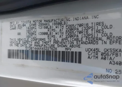 2004 Toyota Sequoia Sr5 V8 from USA, damaged, VIN 5TDBT44AX4S227628